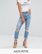 Asos Petite Farleigh High Waist Slim Mom Jeans In Miracle Light Wash With Rips - Blue