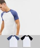 Asos Design T-shirt With Crew Neck With Contrast Raglan 2 Pack Save-multi
