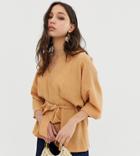 Asos Design Tall Textured Oversized Top With V Neck And Tie Waist-brown