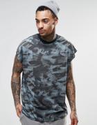 Asos Oversized Sleeveless T-shirt In Painted Camo With Wide Neck Trim - Blue