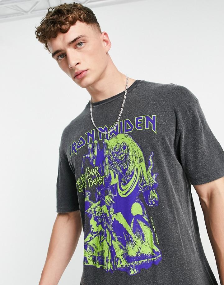 Topman Oversized T-shirt With Iron Maiden Print In Washed Black