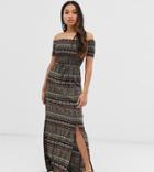 Brave Soul Petite Juliet Off Shoulder Maxi Dress In Paisley Mix-black