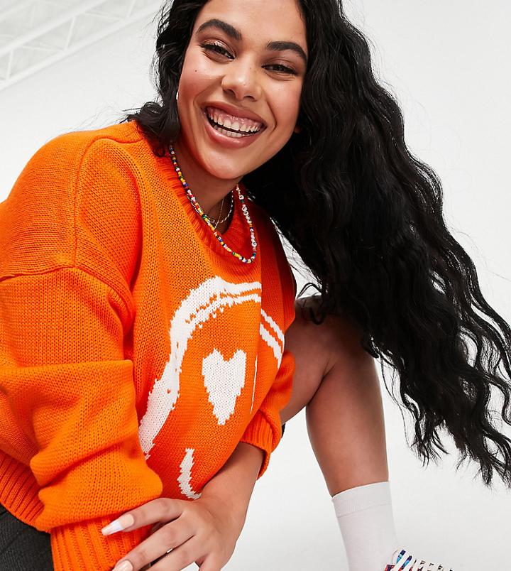 Asos Design Curve Sweater With Smile Face Pattern In Orange