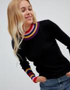 Qed London Rainbow Neck And Sleeve Multi Stripe Ribbed High Neck Sweater - Multi