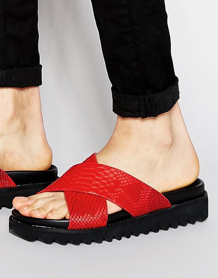 Asos Slide Sandals With Red Snakeskin Effect - Red