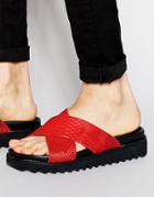 Asos Slide Sandals With Red Snakeskin Effect - Red
