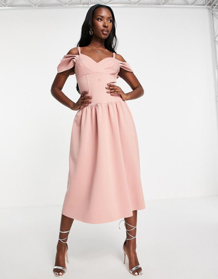 Asos Design Dropped Waist Cold Shoulder Midi Prom Dress In Rose-green