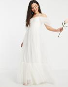 Lace & Beads Bridal Cross Back Tulle Maxi Dress In Ivory-white