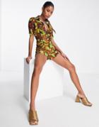 Asos Design Ruched Button Front Mesh Romper In Abstract Print-multi