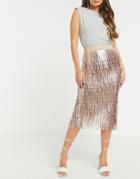 Asos Design Sequin Layered Midi Skirt In Rose Gold-pink