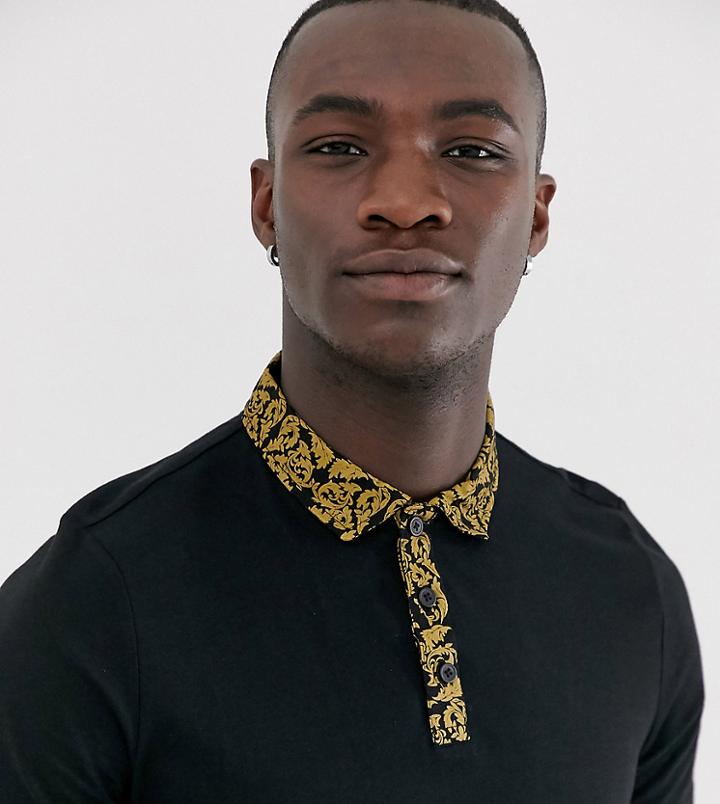Asos Design Tall Polo Shirt With Woven Paisley Collar - Black