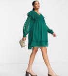 Asos Design Maternity Shirred Smock Mini Dress With Lace Inserts In Bottle Green