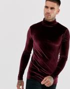 Asos Design Muscle Long Sleeve T-shirt In Velour With Roll Neck In Burgundy - Red