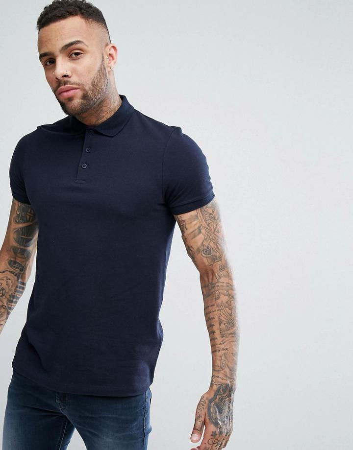 Asos Pique Polo With Button Down Collar In Navy - Navy