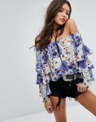 Missguided Floral Print Tiered Sleeve Top - Blue