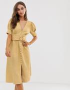 Moon River Midi Dress With Puff Sleeves And Belt - Yellow