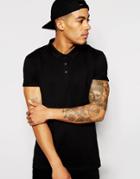 Asos Longline Polo Shirt With Roll Sleeves & Dropped Hem - Black