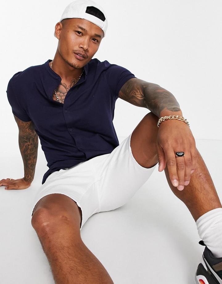 Asos Design Jersey Shirt With Grandad Collar In Navy-blues