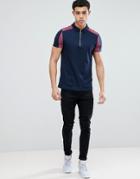 Asos Design Zip Neck Polo Shirt With Color Block In Navy - Navy