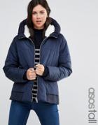 Asos Tall Padded Jacket With Faux Fur Hood And Knitted Trim - Navy