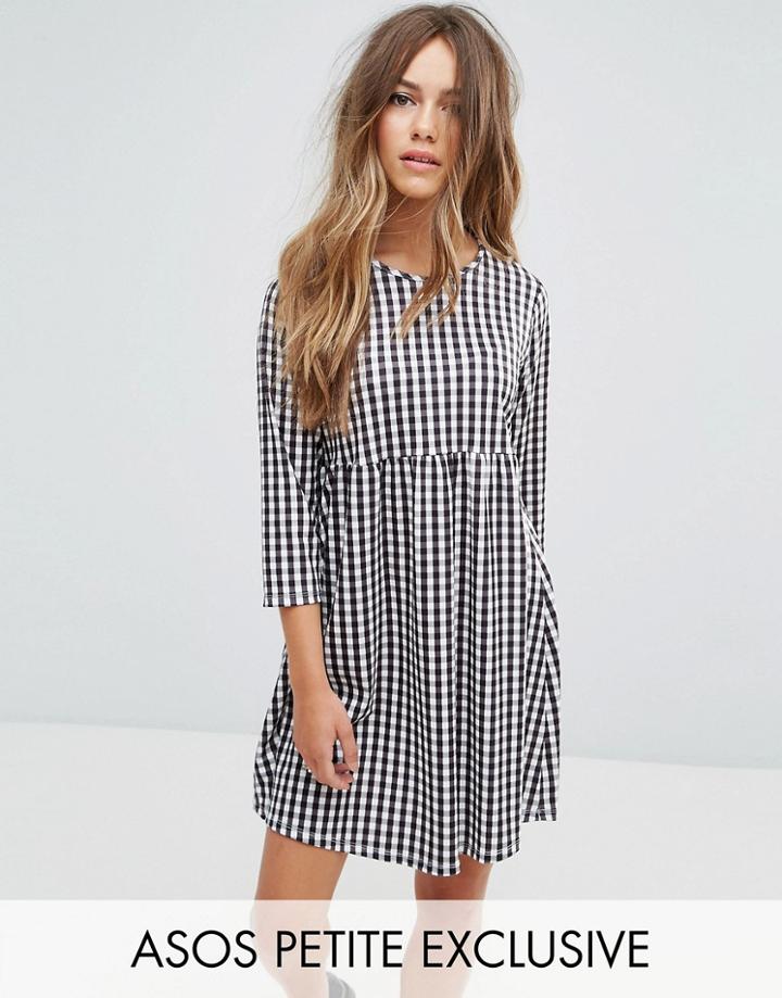 Asos Petite Gingham Print Smock Dress With Long Sleeve - Multi