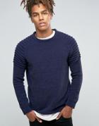 Asos Crew Sweater With Ribbed Shoulders In Chenille - Navy