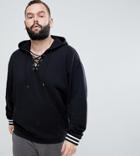 Asos Plus Oversized Hoodie With Lace Up Neck And Tipped Ribs - Black