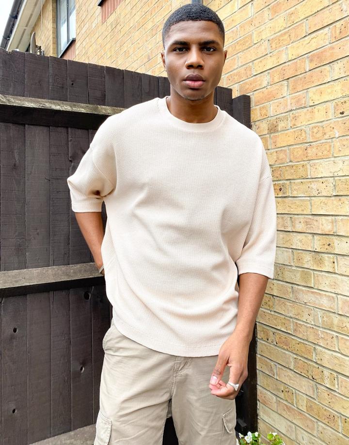 Asos Design Oversized Heavyweight Waffle T-shirt In Gray Beige-neutral