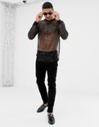 Asos Design Longline Long Sleeve T-shirt In Sparkly Mesh - Black