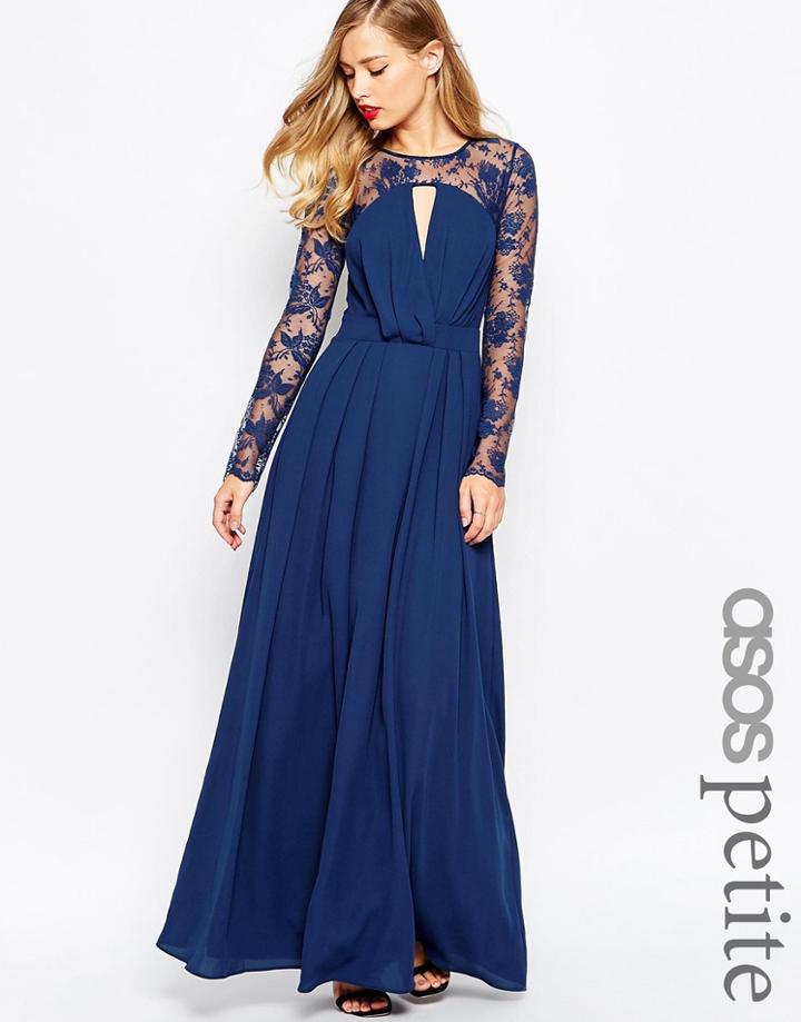 Asos Petite Kate Lace Maxi Dress With Long Sleeves - Navy