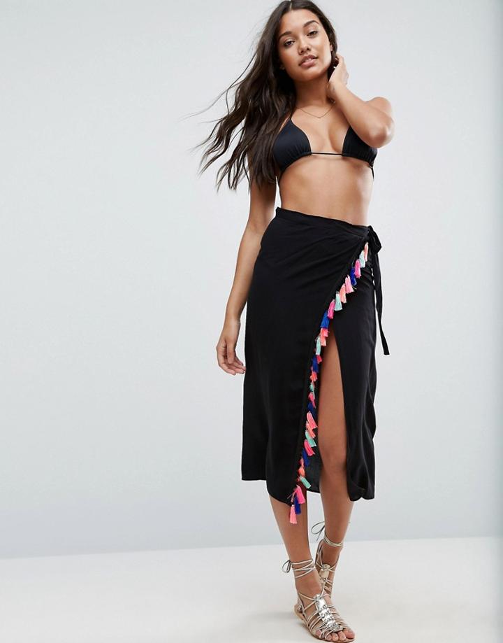 Asos Beach Sarong With Multi Colored Tassel Trim - Black