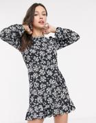 Miss Selfridge Swing Tea Dress With Ruffle Hem In Black Floral Print