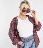 Asos Design Petite Long Sleeve Boyfriend Shirt In Dark Red And Navy Check-multi