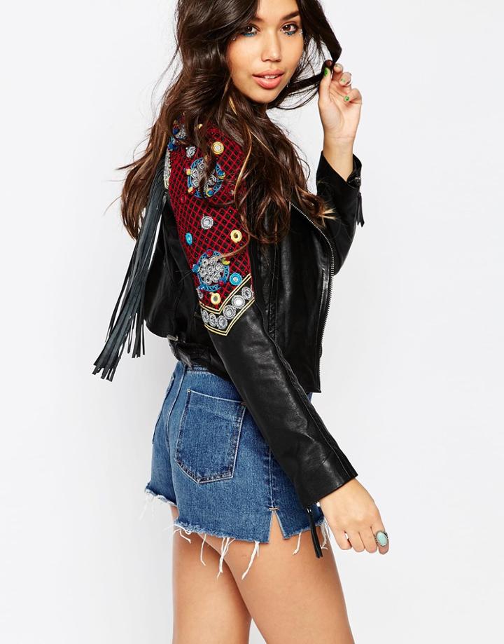 Asos Premium Biker Jacket With Folk Embellished Detail - Black
