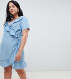 Asos Design Curve Denim Wrap Dress With Frill Detail In Midwash Blue - Blue