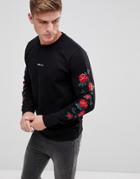 Only & Sons Crew Neck Sweat With Rose Print Sleeves - Black
