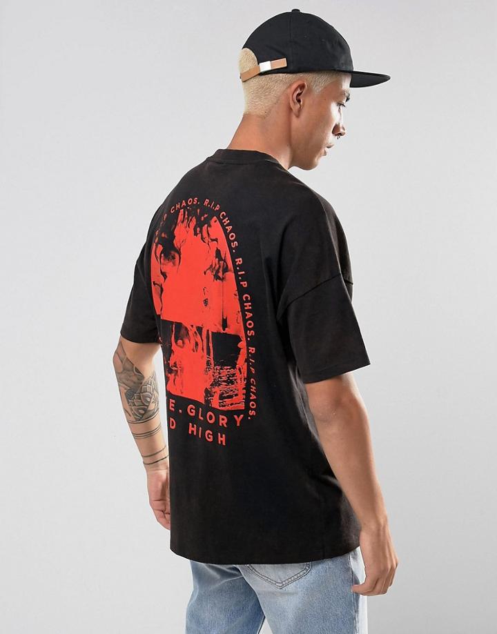 Asos Oversized T-shirt With Rip Chaos Front And Back Print With Acid Wash - Black