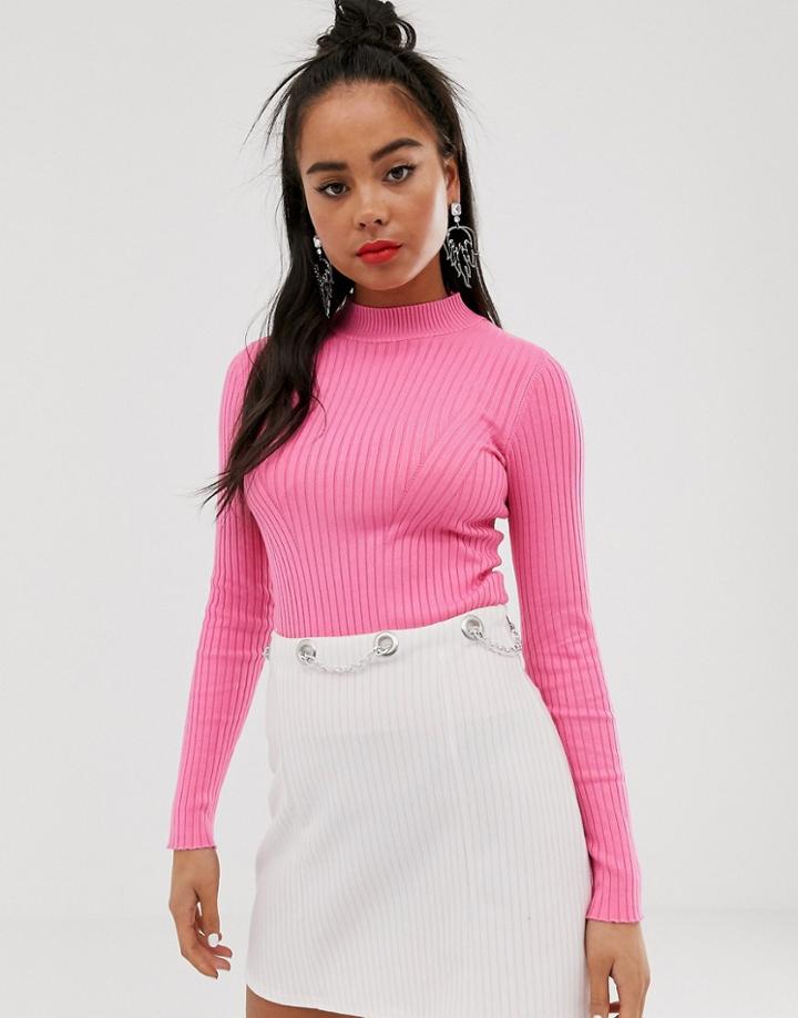 Bershka Basic Ribbed Crew Neck Sweater In Fuschia Pink - Pink