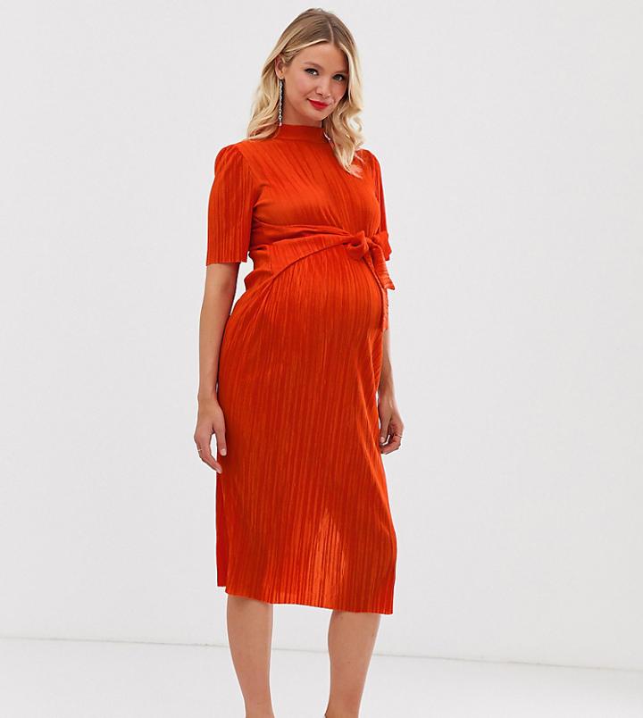 Asos Design Maternity Knot Front Plisse Midi Dress-orange