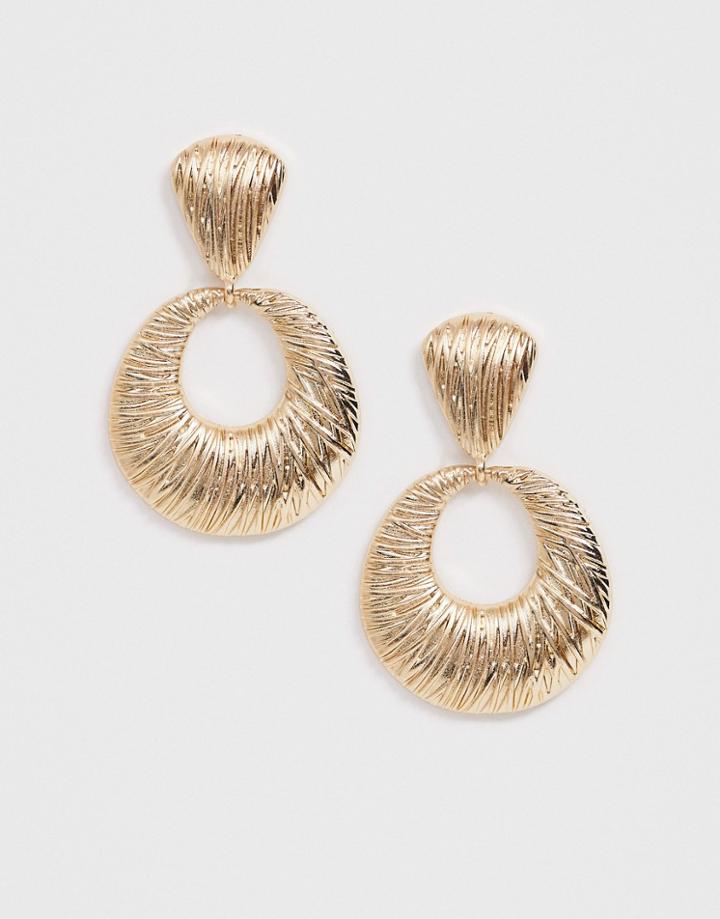 Asos Design Earrings In Engraved Texture Open Circle Drop Design In Gold Tone