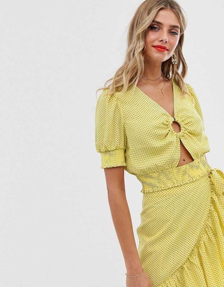 Moon River Ring Detail Crop Top In Yellow Polka Dot