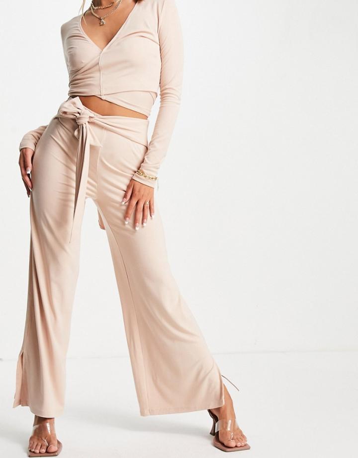 Lost Ink Wide Leg Tie Waist Pants In Beige-neutral