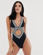 River Island Cut Out Swimsuit With Contrast Print In Black