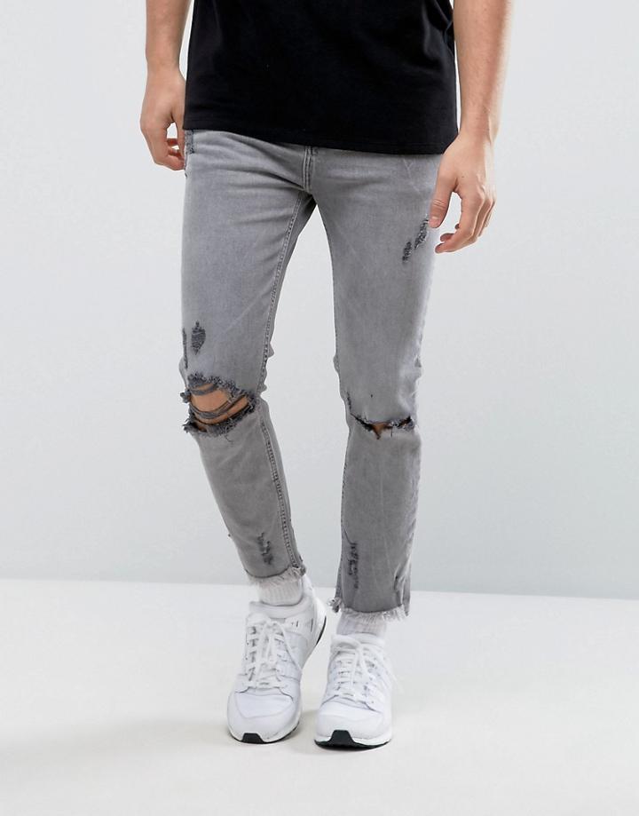 Bershka Skinny Jeans In Gray With Raw Hem - Gray