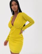 Asos Design Batwing Sleeve Plisse Mini Dress - Yellow
