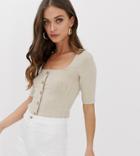 Stradivarius Ribbed Button Front Square Neck Top In Beige