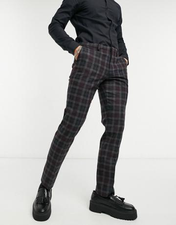 Shelby & Sons Slim Fit Suit Pants In Gray And Burgundy Check-grey