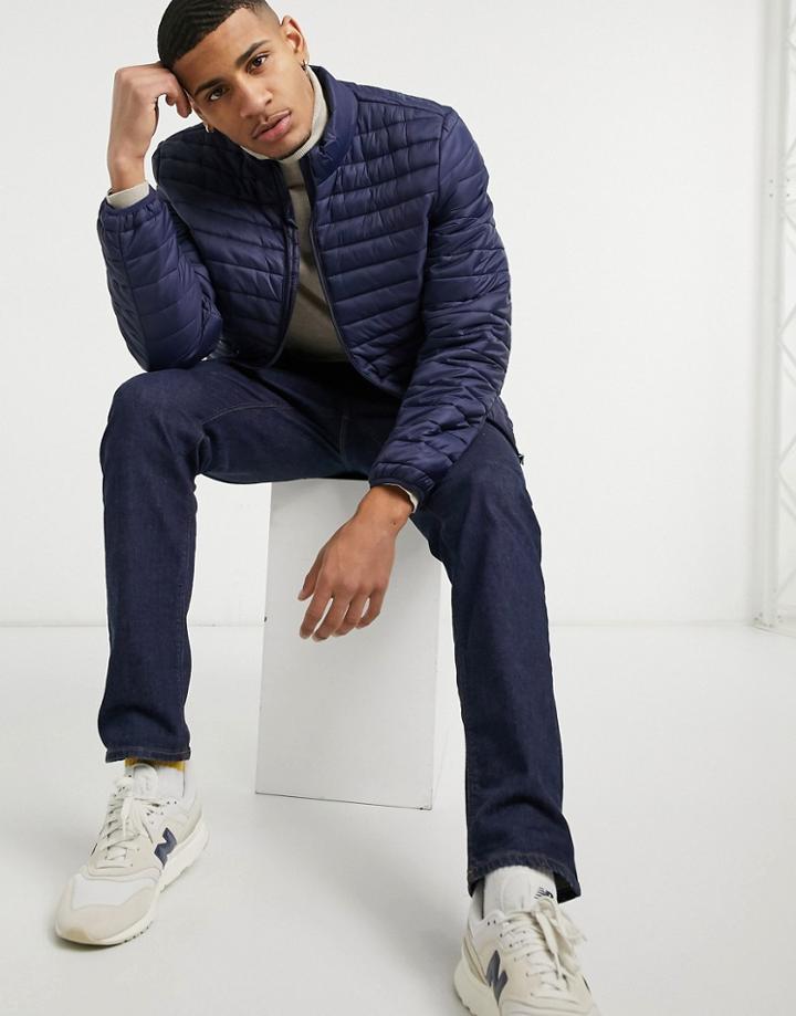 Asos Design Quilted Puffer Liner Jacket With Stand Collar In Navy