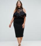 Asos Curve Ruffle Front Sheer Lace Bodycon Midi Dress - Black