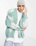 Topman Oversized Knitted Cardigan With Sunflower Print In Sage Green-gray